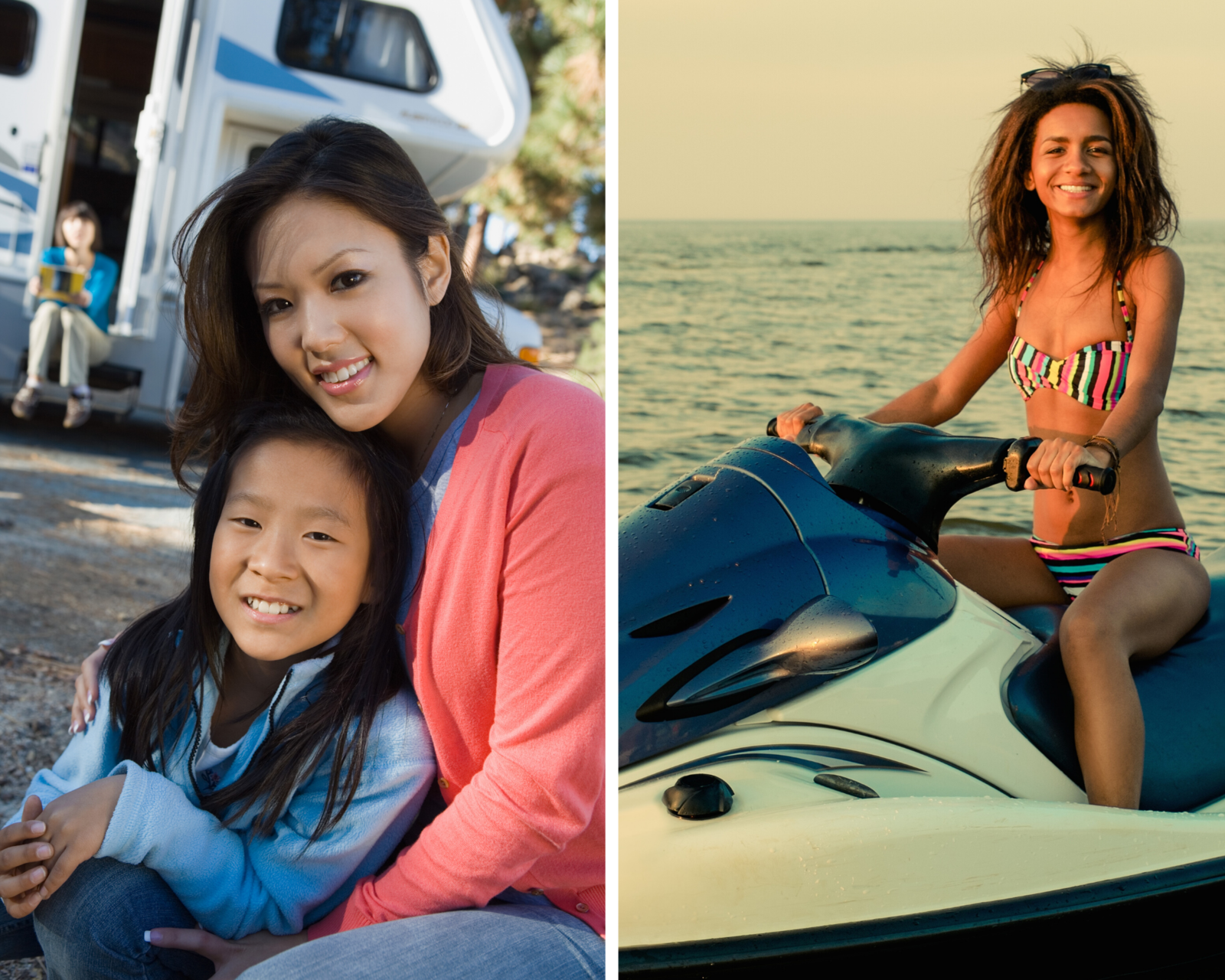 Family outside an RV and a woman jet skiing